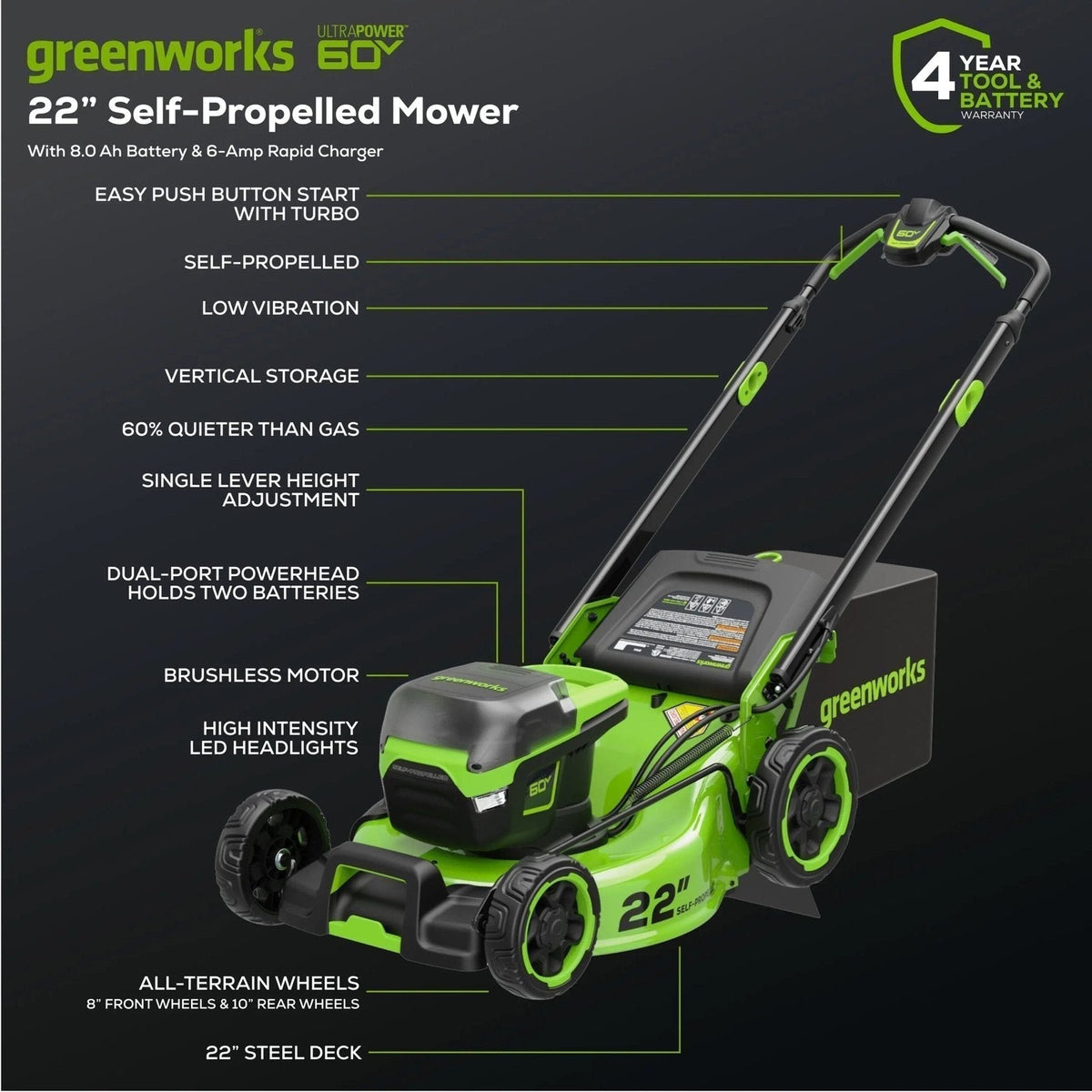 Greenworks Pro 60V 22″ Cordless Self-Propelled Push Lawn Mower